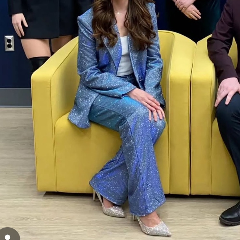 SLA the Label- Sparkle Blue Double-Breasted Women's Suit Jacket and Trousers - Picture 3 of 3